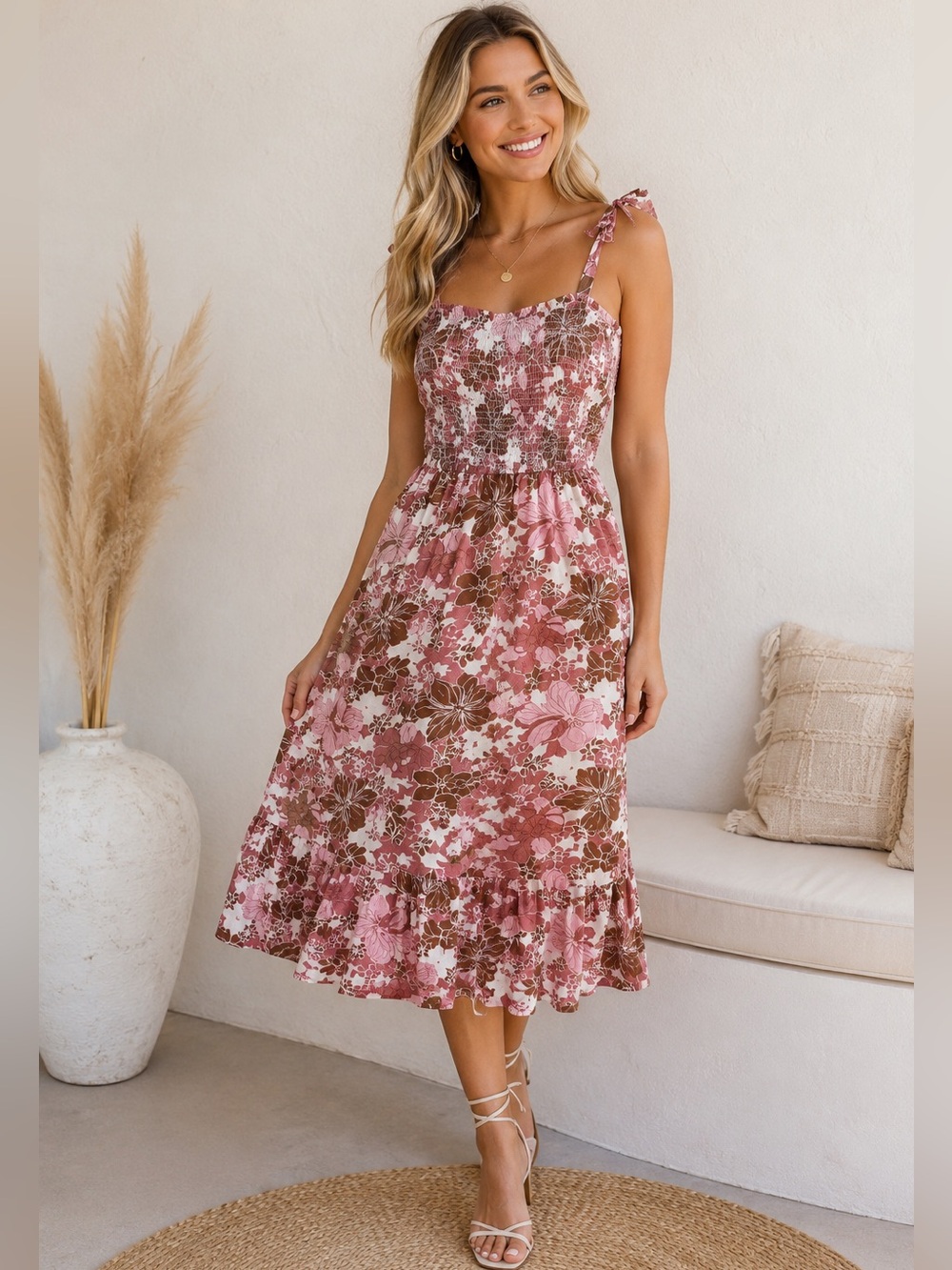 Jessica Simpson Pink and Brown Floral Tie-Shoulder Midi Dress Size M